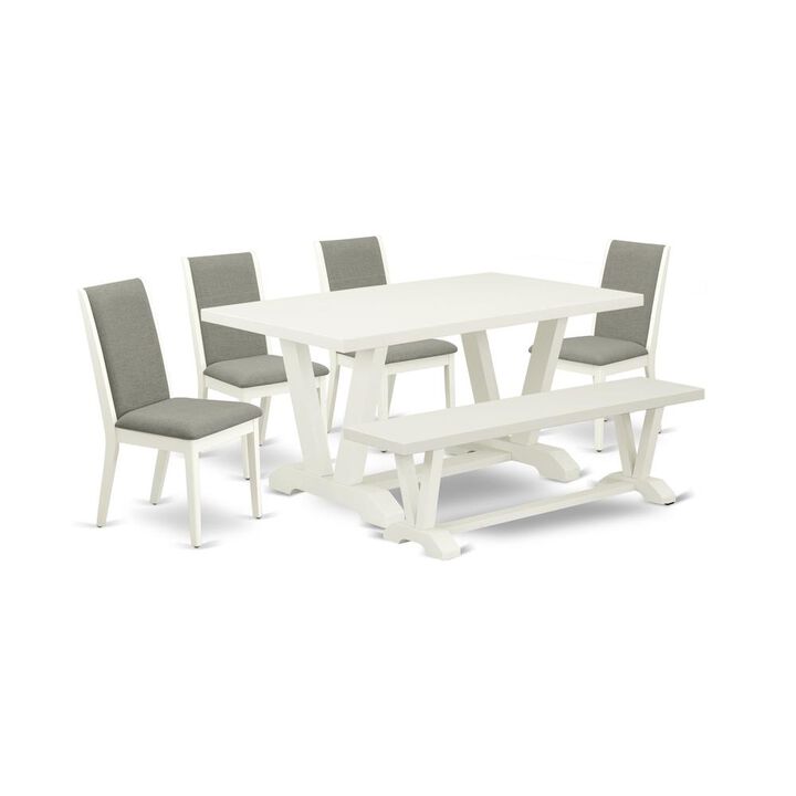 East West Furniture V026LA206-6 6-Piece Stylish Modern Dining Table Set an Outstanding Linen White Dining Room Table Top and Linen White Wooden Bench Indoor and 4 Awesome Linen Fabric Padded Chairs wi