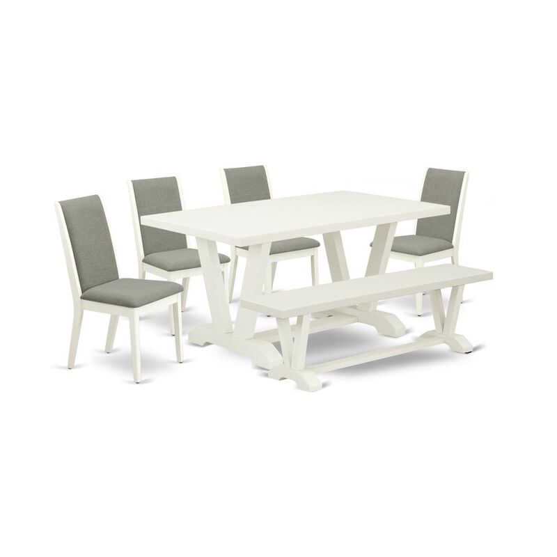 East West Furniture V026LA206-6 6-Piece Stylish Modern Dining Table Set an Outstanding Linen White Dining Room Table Top and Linen White Wooden Bench Indoor and 4 Awesome Linen Fabric Padded Chairs wi