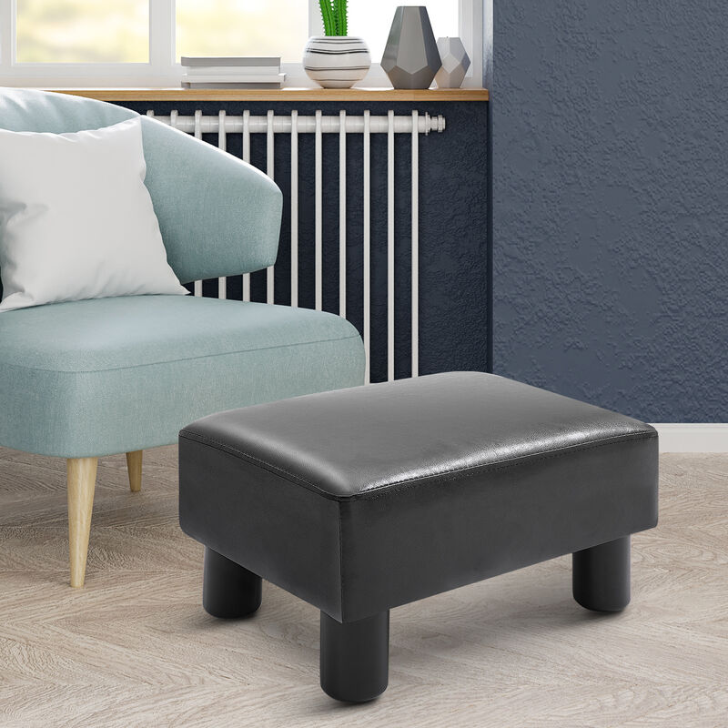 HOMCOM Ottoman Foot Rest, Small Foot Stool with Faux Leather Upholstery, Rectangular Ottoman Footrest with Padded Foam Seat and Plastic Legs, Bright Black