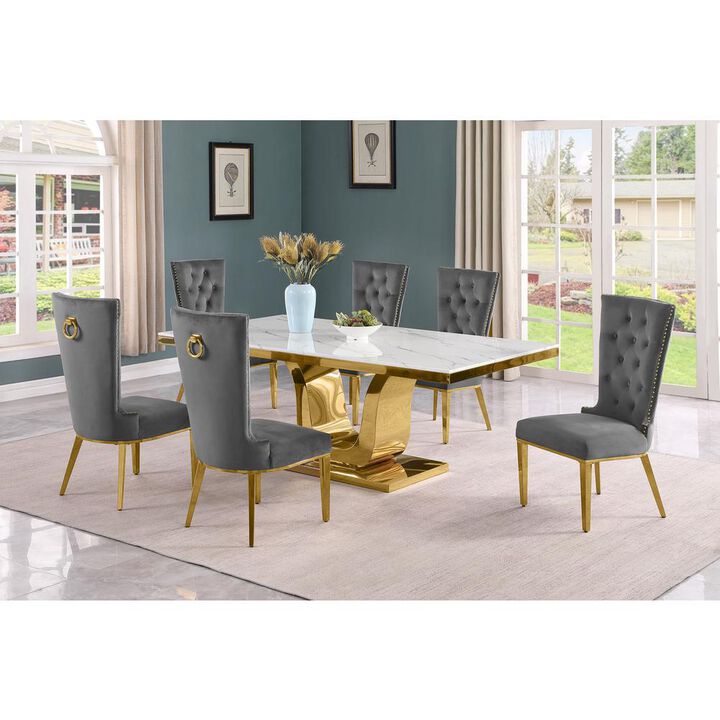 7pc Large(76") marble top dining set with gold base and 6 Dark grey side chairs