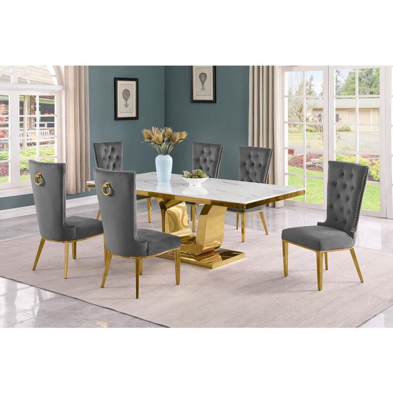 7pc Large(76") marble top dining set with gold base and 6 Dark grey side chairs