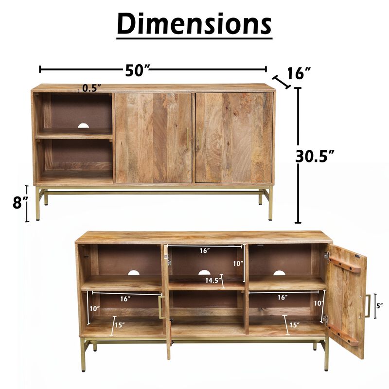Lysa 50 Inch Sideboard Buffet Cabinet with Open Shelves, Gold Iron Base, Natural Brown Mango Wood image number 3