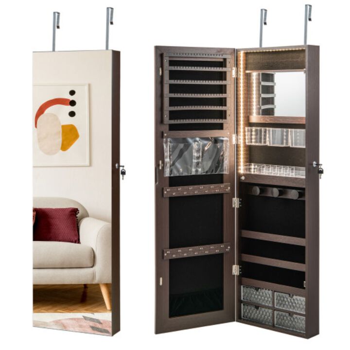 Wall Mounted Jewelry Cabinet with 3-Color Lights-Brown
