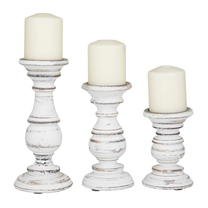Turned Design Wooden Candle Holder with Distressed Details, Set of 3, White-Benzara