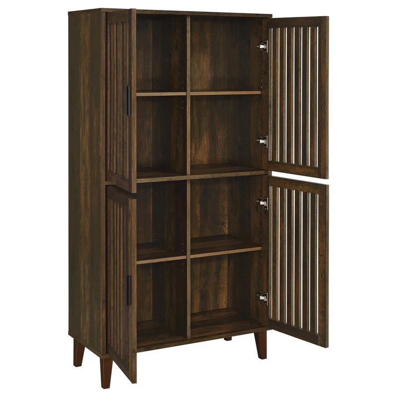 69 Inch Tall Accent Cabinet, Vertical Slatted Design, Brown and Black  - Benzara