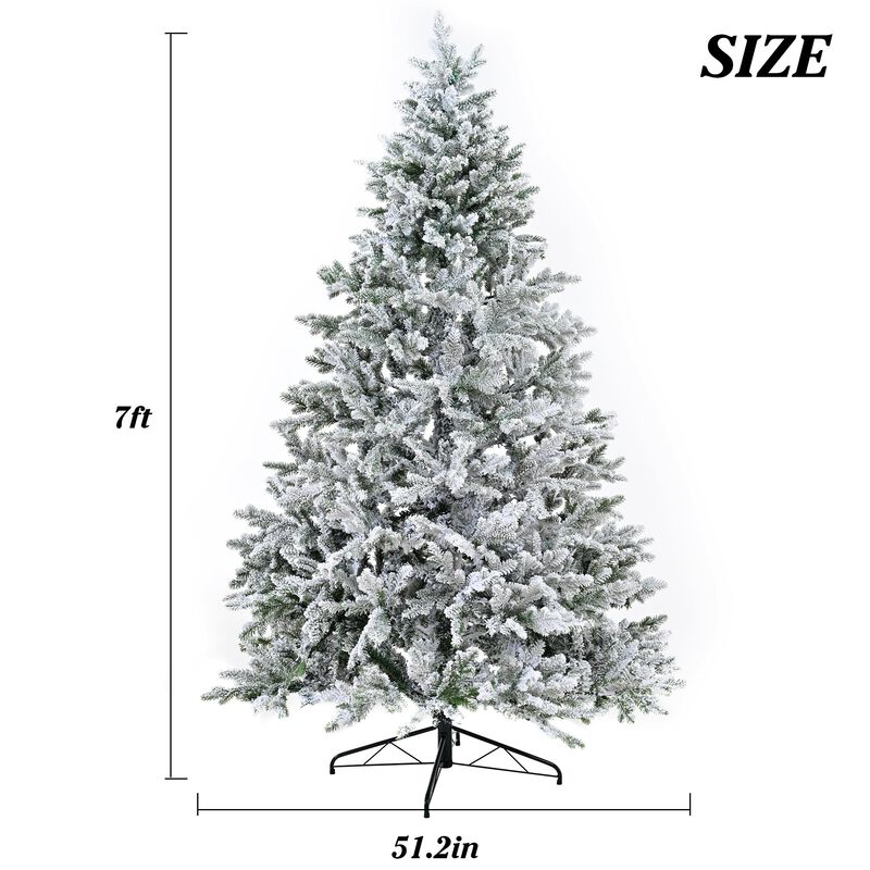 Premium 7FT Snow Flocked Hinged Artificial Christmas Tree with Fluffy Branches and White Snow Tips