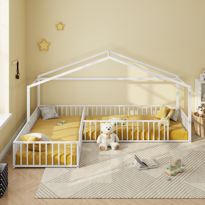 Merax Double Twin Size L-Shaped Montessori Bed, Metal Corner House Bed Frame with Fence image number 1