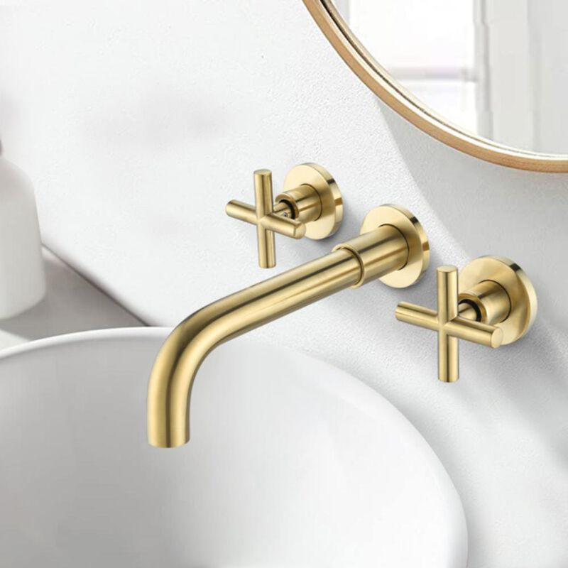 Wall-Mounted Bathroom Sink Faucet with Dual Handles for Modern Vanity & Space-Saving Design