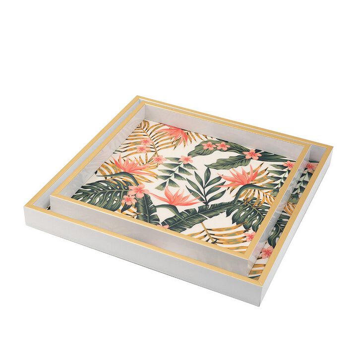 Set of 2 Decorative Trays, Crisp White MDF, Floral Printed PVC, Pink, Green - Benzara