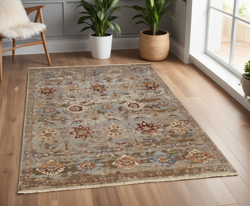 HomeRoots Wool Floral Hand Knotted Area Rug With Fringe