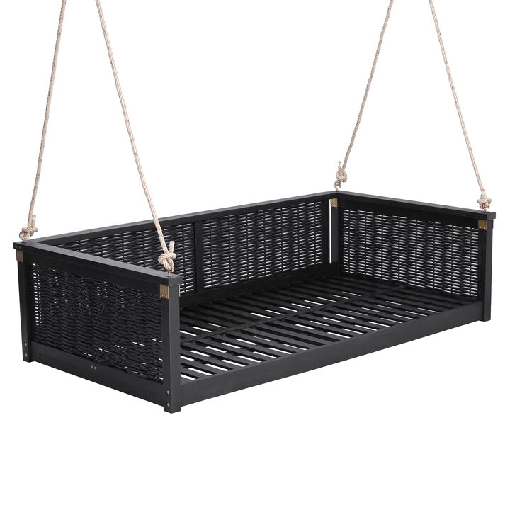 Merax Outdoor Twin Swing Bed with Sturdy Acacia Wood Frame & Handwoven Rattan