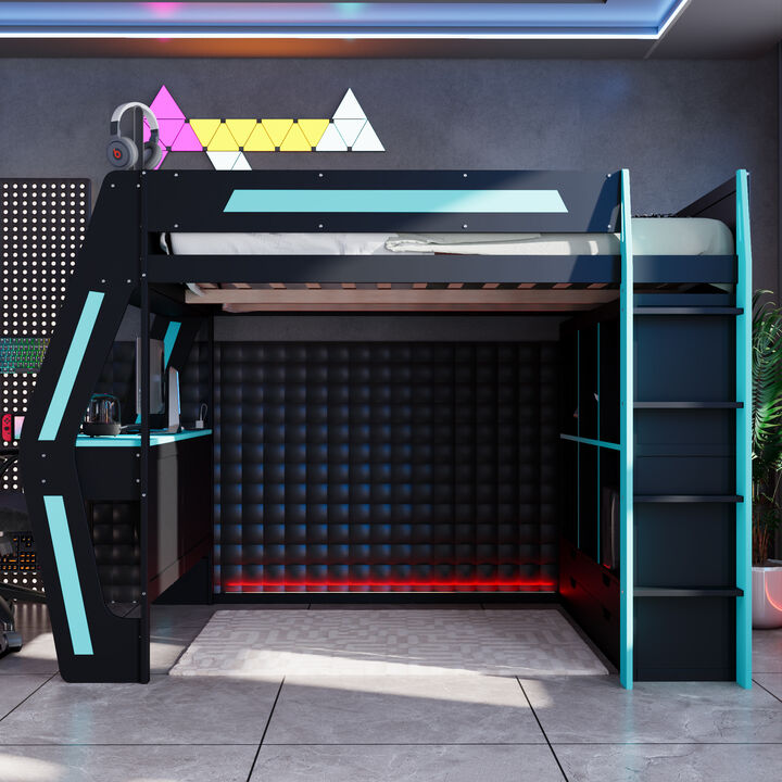 Merax Full Size All-in-One Gaming Loft Bed with Staircase & RGB Lights