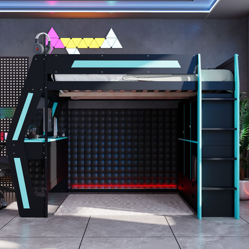 Merax Full Size All-in-One Gaming Loft Bed with Staircase & RGB Lights image number 1