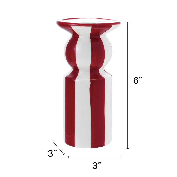 Hand-Painted Ceramic Striped Taper Holder, Red and White
