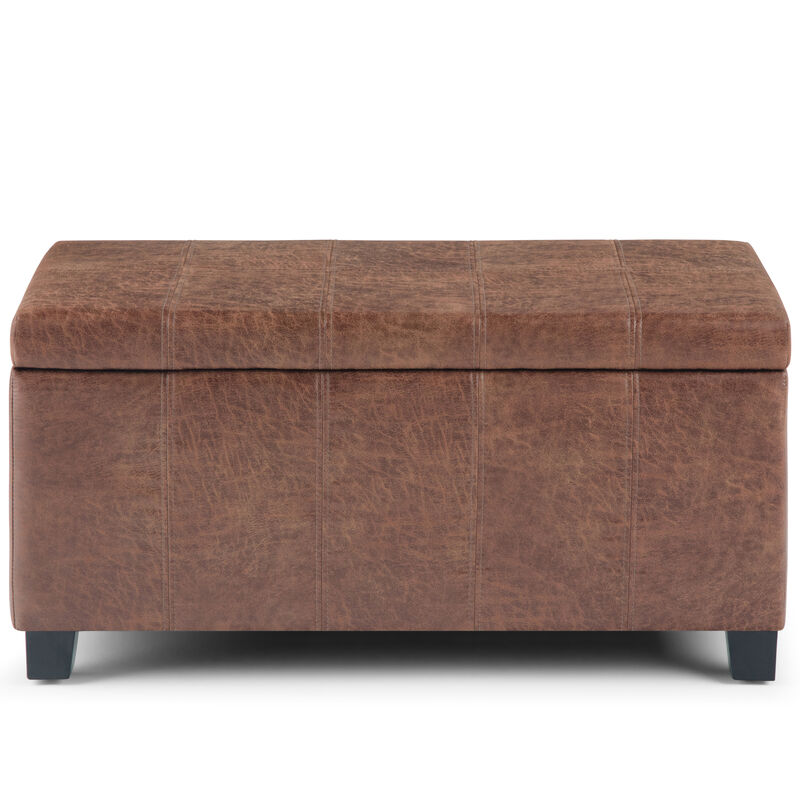 Dover 36 inch Wide Contemporary Rectangle Storage Ottoman Bench in Distressed Umber Brown Vegan Faux Leather, Assembled