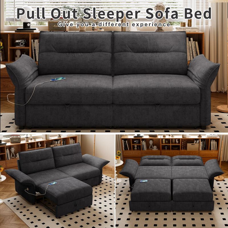 Convertible sleeper sofa bed, Plush fabric pull out futon with USB charging ports, 85 inch sofa bed for small spaces image number 4