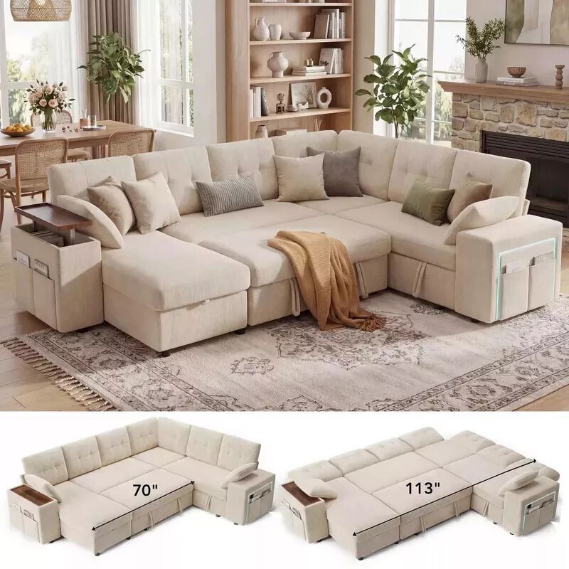Vipbear 112" U-Shaped 7-Seat Modular Chenille Sectional Sleeper Sofa, Pull Out Bed Reclining Couch image number 4