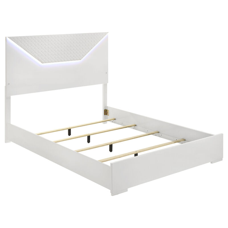 Ivon 5pc Queen Bedroom Set, Diamond Embossed, White High Gloss, LED