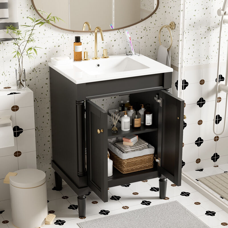 24" Freestanding Bathroom Vanity with Ceramic Sink, 2-Tier Storage Cabinet, 2 Soft-Close Doors image number 2