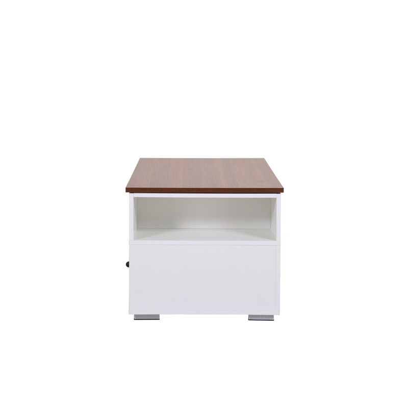 Luna White Coffee Table with Brown Walnut Finish Lift Top, 2 Drawers, and 2 Shelves