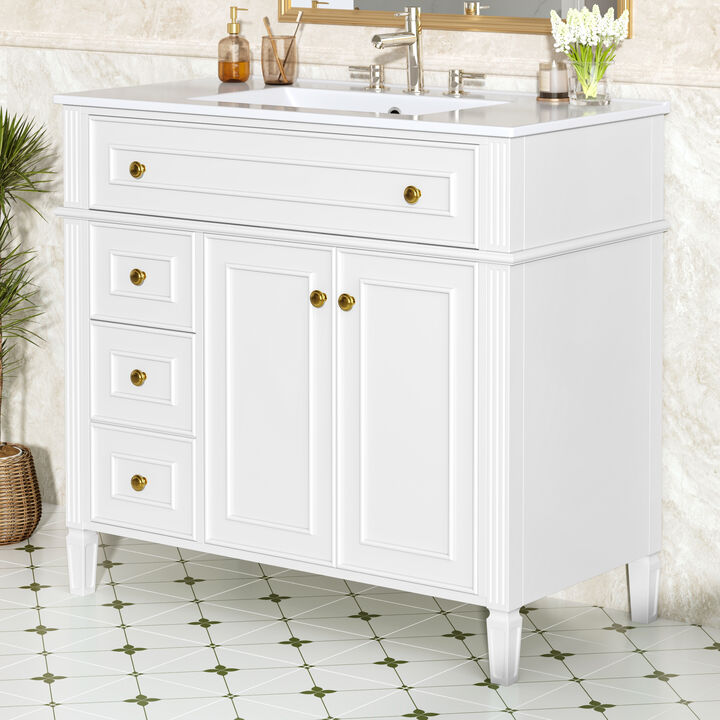 Merax Freestanding Bathroom Storage Vanity with Gold-Tone Handles, 2 Drawers & Cabinet