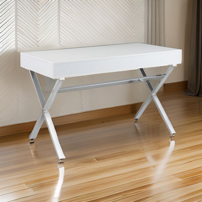 Gracie 47 Inch Desk, White Rectangular Top, 2 Drawers, Chrome Metal Legs - Benzara