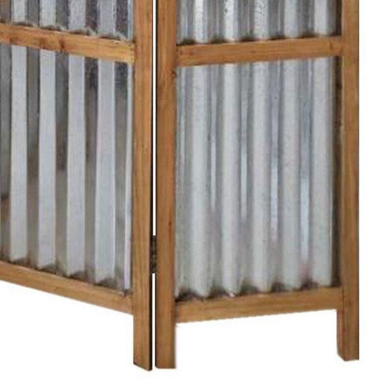 Industrial 3 Panel Foldable Screen with Corrugated Design,Silver and Brown - Benzara
