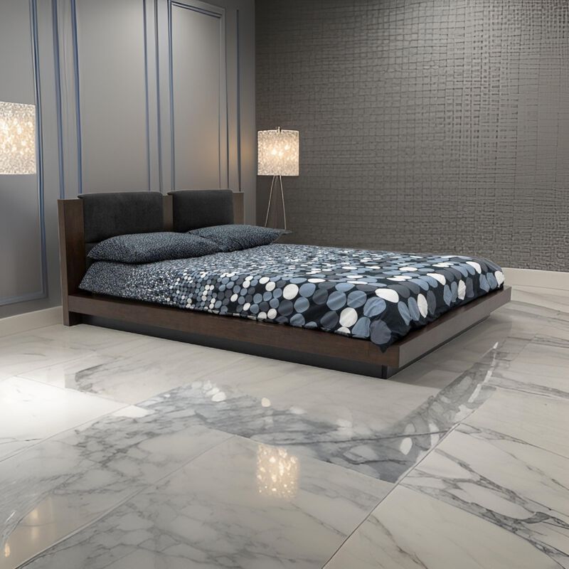 Noe Col King Bed, Dark Gray Pillow Upholstered Headboard, Low Profile Brown - Benzara