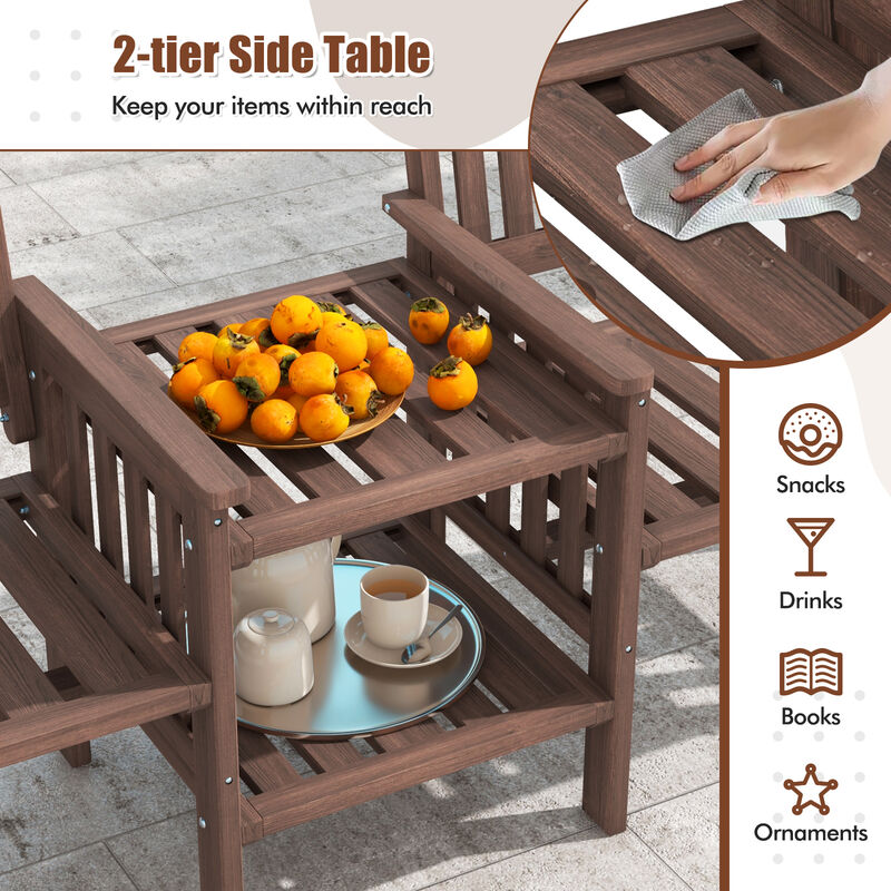 Outdoor Fir Wood Loveseat with 2-Tier Side Table and Umbrella Hole