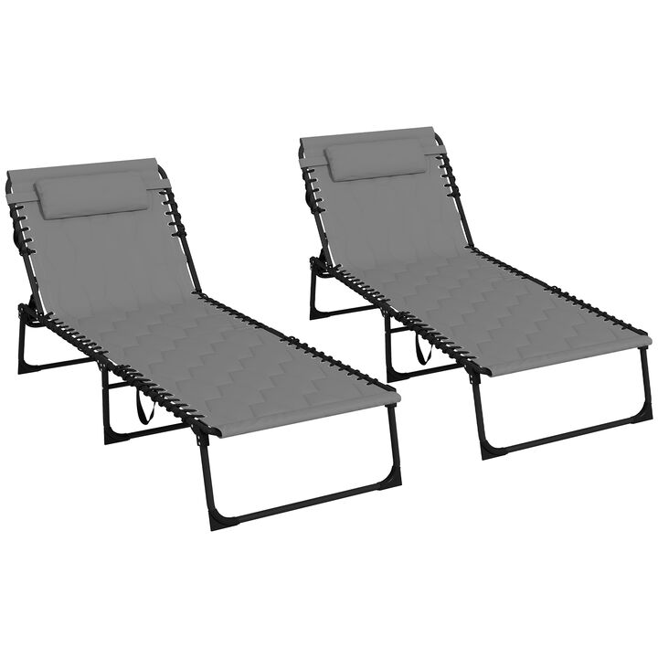 Outsunny Folding Chaise Lounge Set with 5-level Reclining Back, Outdoor Lounge Chairs with Build-in Padded Seat, Outdoor Tanning Chairs with Side Pocket, Headrest for Beach, Yard, Patio, Gray