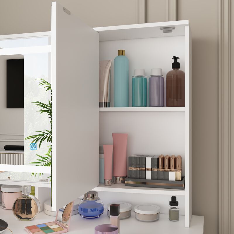 FUFU&GAGA Modern White Makeup Vanity Desk with 9 Drawers, LED Lighted 3 Mirrors, and Hidden Storage Shelves, (43.3 in. L x 19.7 in. W x 53.8 in. H), White