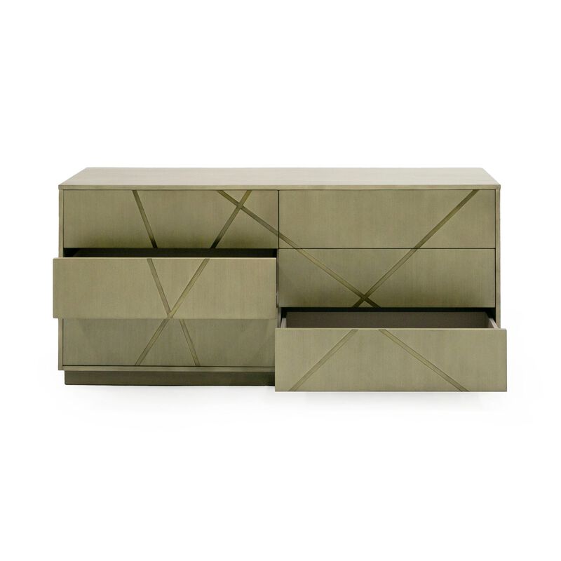Cid Ren Dresser, 6 Drawers w Double X Detail, 66 Inch, Brown Birch Veneer - Benzara image number 2