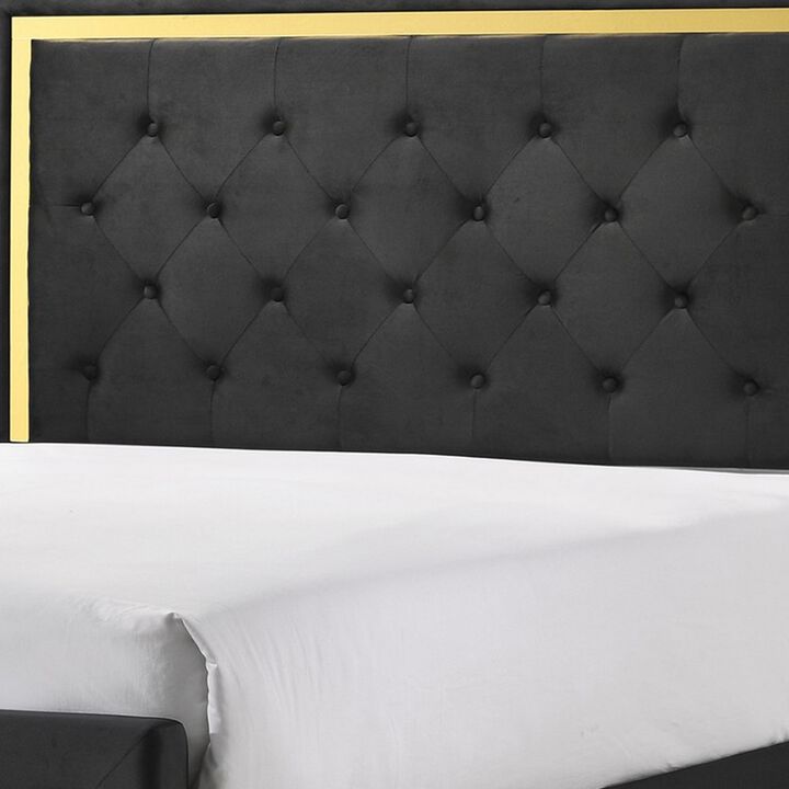 Robin King Size Bed, Platform Base, Gold, Button Tufted Black Upholstery - Benzara