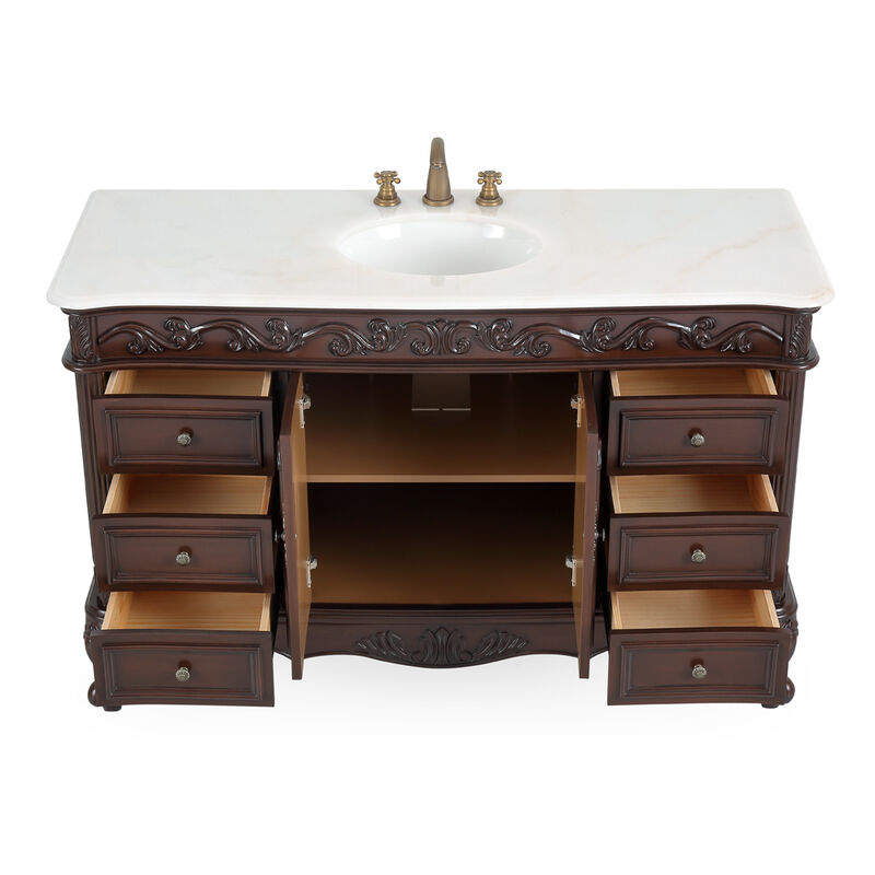56 Inch Traditional Style Brown Beckham Bathroom Sink Vanity With White Top image number 2