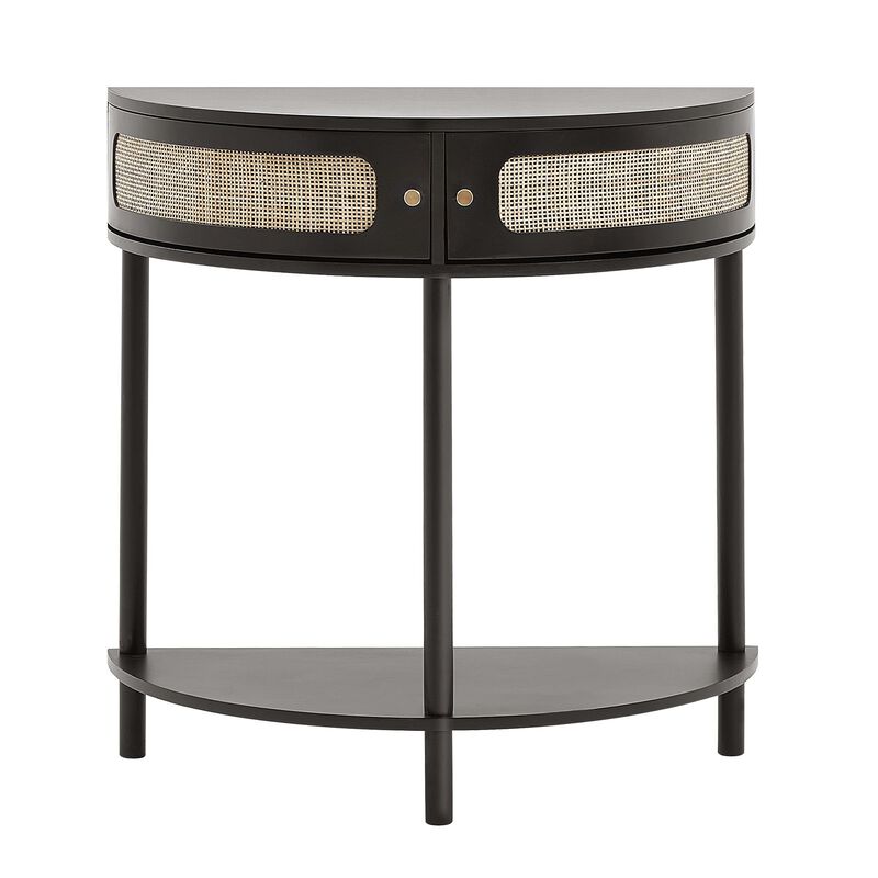 Half-Moon Rattan Console Table &ndash; Black Entryway Table with 2 Drawers & Sliding Door, Small Hallway or Living Room Storage Table