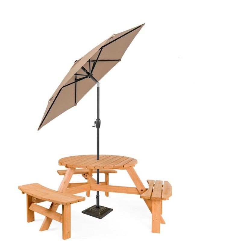 Hivvago Outdoor Round Wood Picnic Table Bench Set with Umbrella Hole - Seats 6