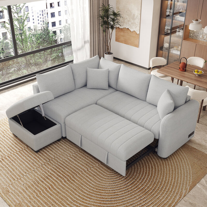 Merax L-shaped Sectional Pull Out Sofa Bed Sleeper Sofa with 2 USB Ports. image number 1