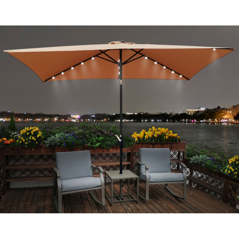10 x 6.5t Rectangular Patio Solar LED Lighted Outdoor Market Umbrellas with Crank & Push Button Tilt for Garden Shade Outside Swimming Pool