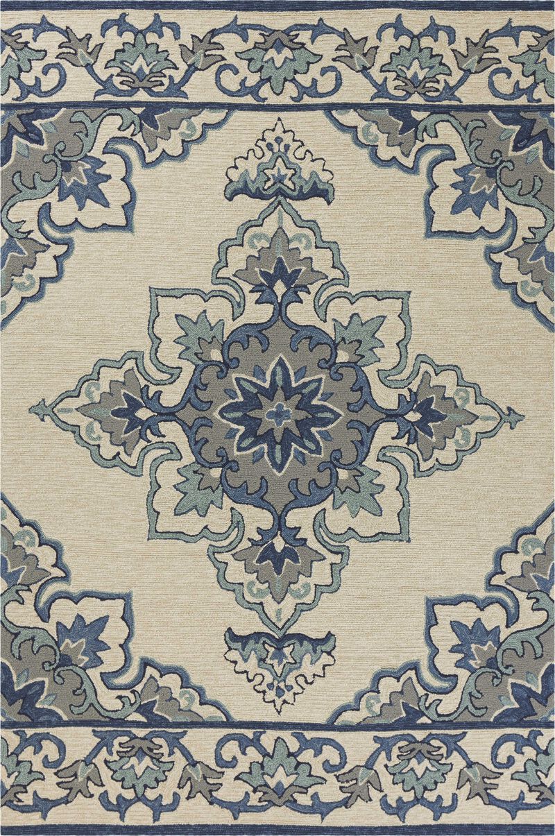 5' X 7' Ivory Or Blue Vines Bordered Uv Treated Indoor Outdoor Area Rug