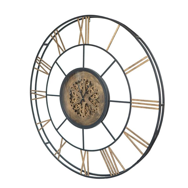 HomeRoots 56" Circle Copper Metal and Glass Analog Exposed Gear Wall Clock image number 2
