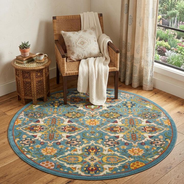 HomeRoots Round Floral Power Loom Area Rug