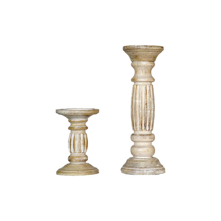 Traditional Antique White Eco-friendly Handmade Mango Wood Set Of Two 6" & 12" Pillar Candle Holder