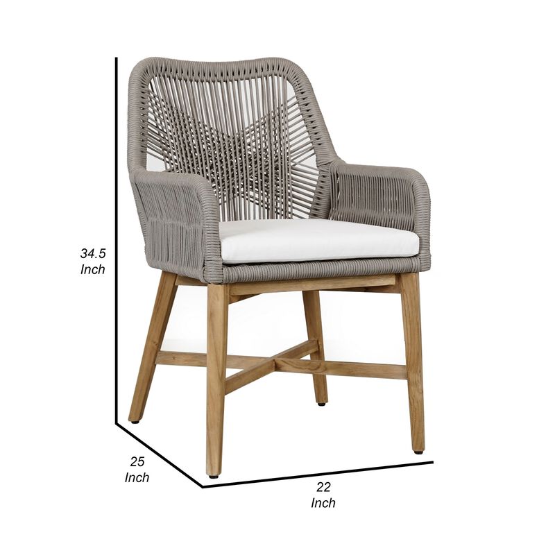 Navi 25 Inch Outdoor Dining Chair, Woven Rope, Ash Gray, Brown Teak Wood - Benzara
