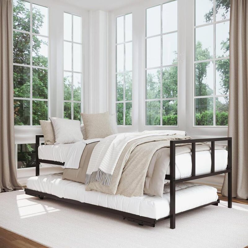 Hivvago Twin Heavy Duty Black Metal Daybed Frame with Roll-Out Pop-Up Trundle Bed Frame