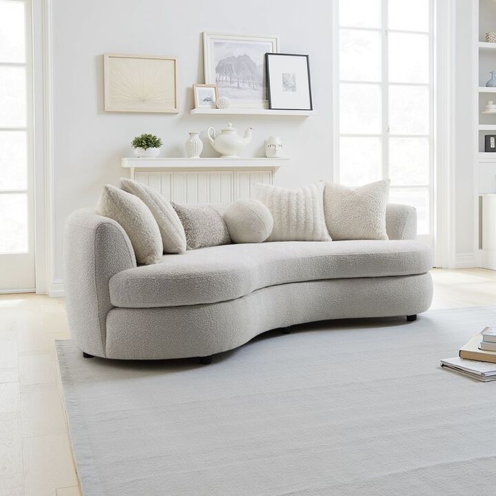 105 Inch Curve Sofa with 6 Feather Accent Pillows, Beige Boucle