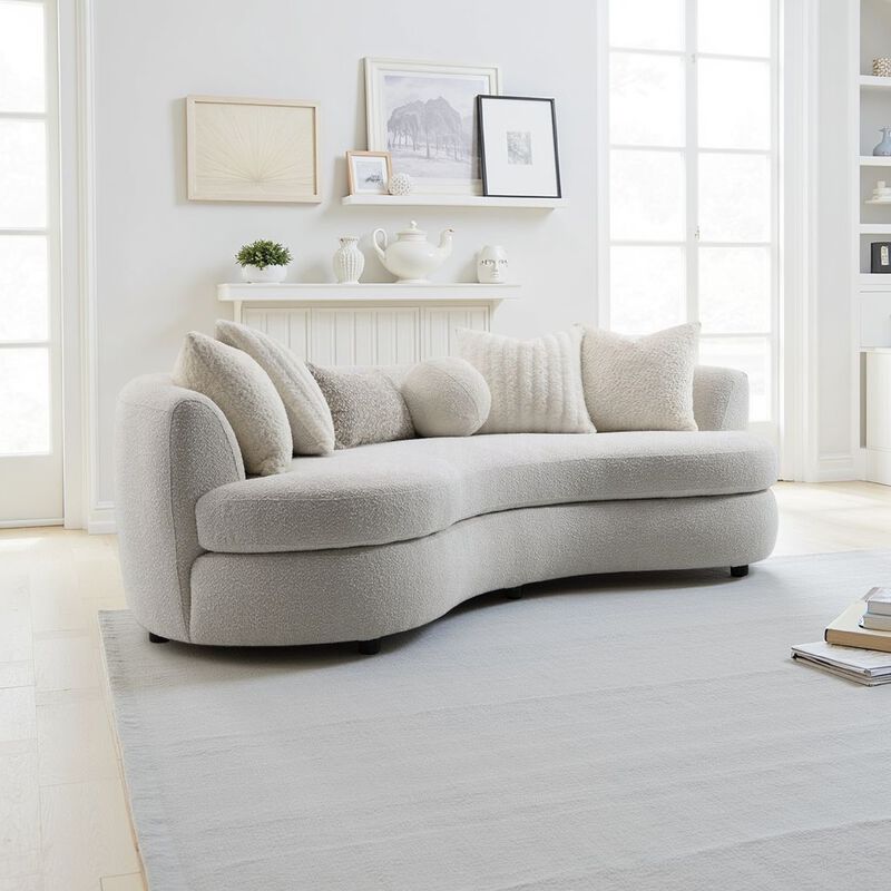 105 Inch Curve Sofa with 6 Feather Accent Pillows, Beige Boucle image number 1