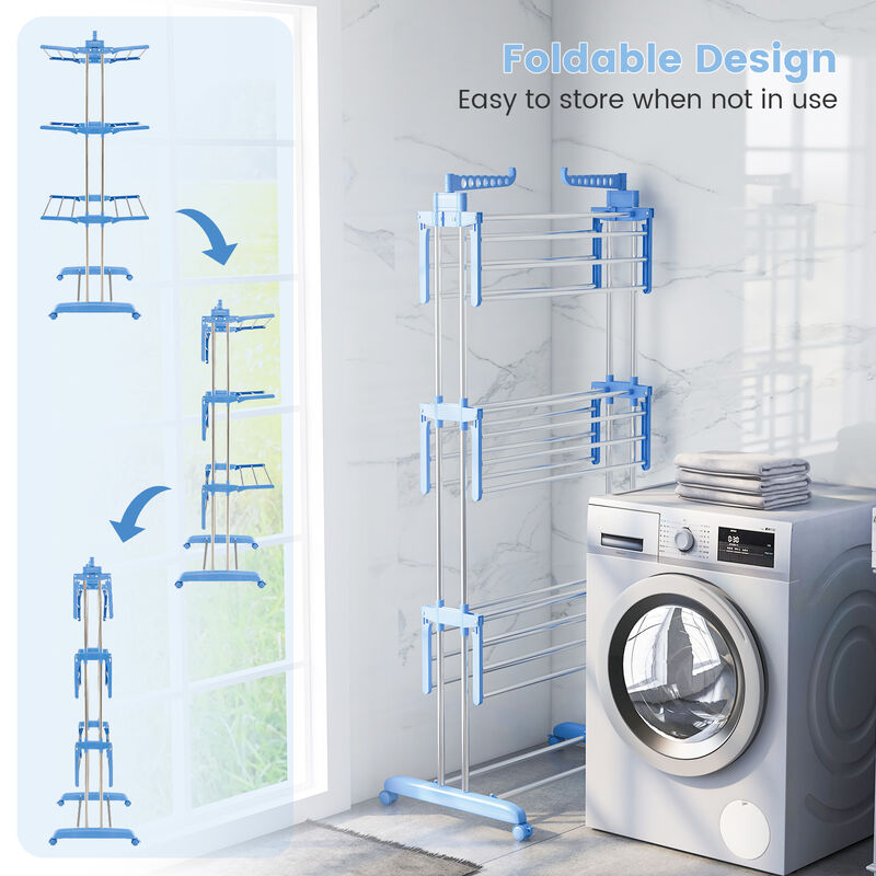 4-tier Folding Clothes Drying Rack with Rotatable Side Wings-Blue and Silver