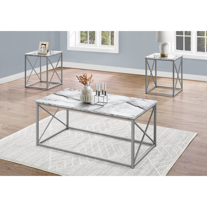 Monarch Specialties I 7953P Table Set, 3pcs Set, Coffee, End, Side, Accent, Living Room, Metal, Laminate, White Marble Look, Grey, Contemporary, Modern