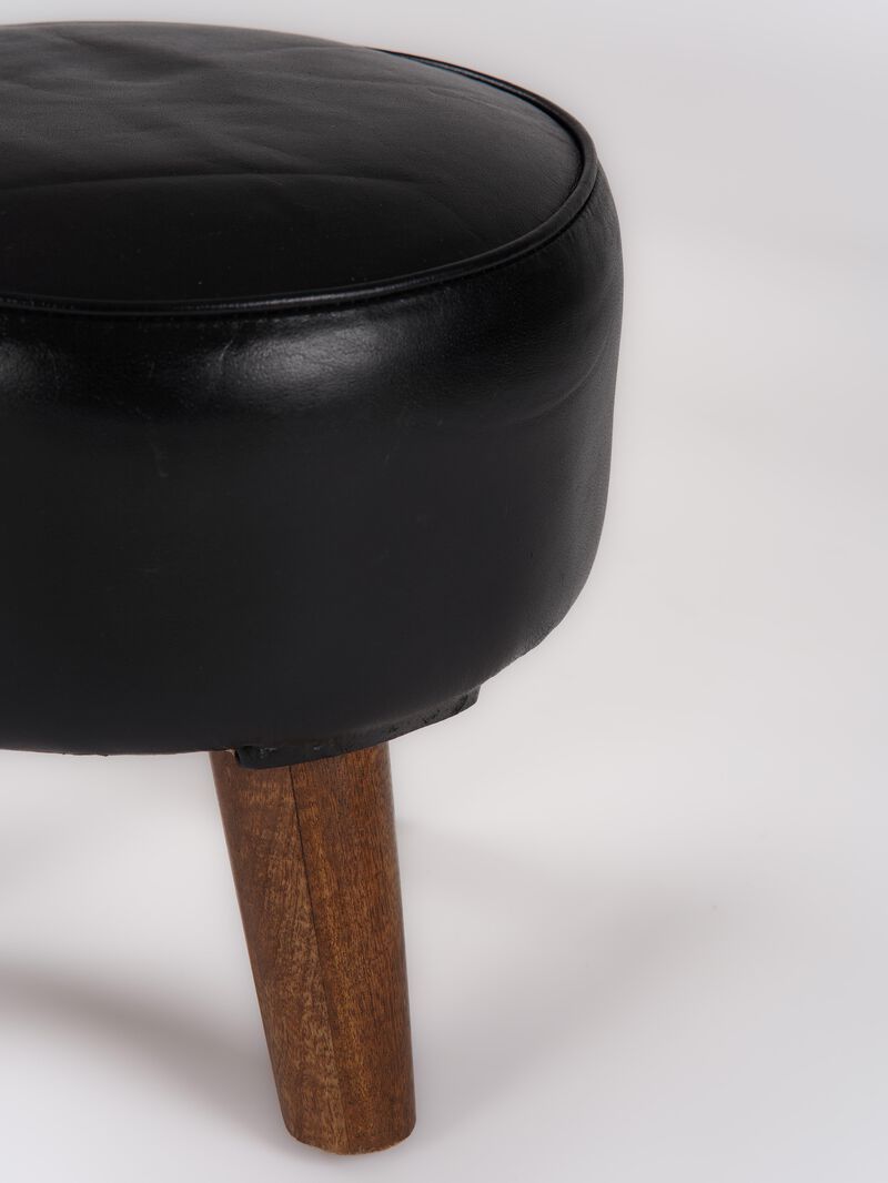 Handmade Eco-Friendly Geometric Buffalo Leather & Wood Black Round Ottomon Stool 14"x14"x14" From BBH Homes