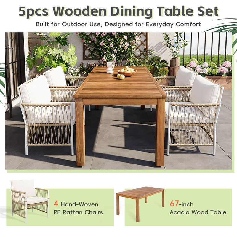 Whisen Outdoor 5-Piece Wooden Dining Set, PE Rattan Arm Chairs, 67'' Rectangular Table for Poolside, Garden image number 5
